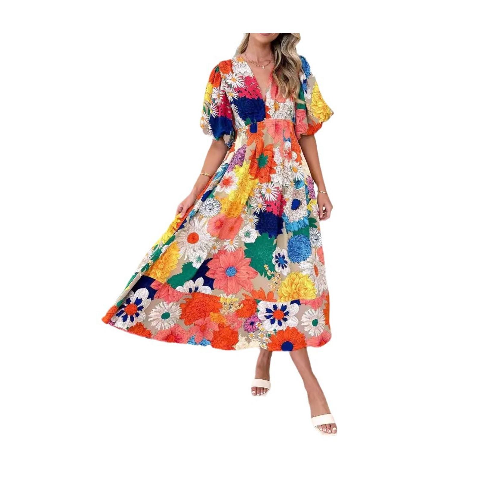 亚马逊跨境欧美女装夏季新款花卉印花泡泡袖A字型长裙气质连衣裙