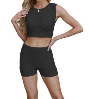 女装修身圆领背心短裤时尚针织套装夏