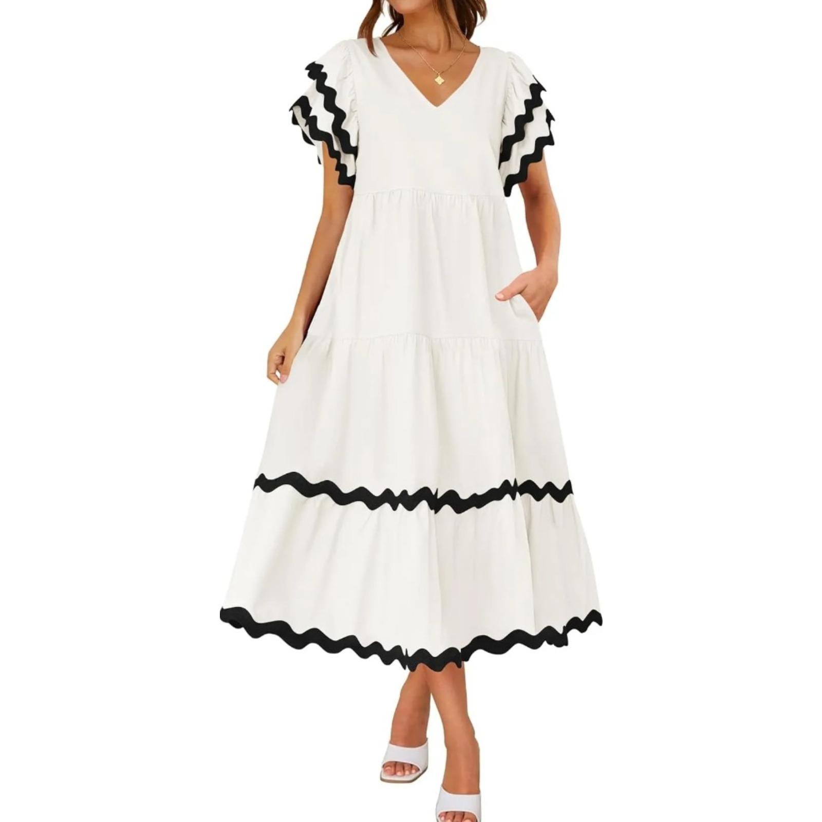 独立站2024年夏季新款亚马逊简约V字领感泡泡袖拼色A字裙女