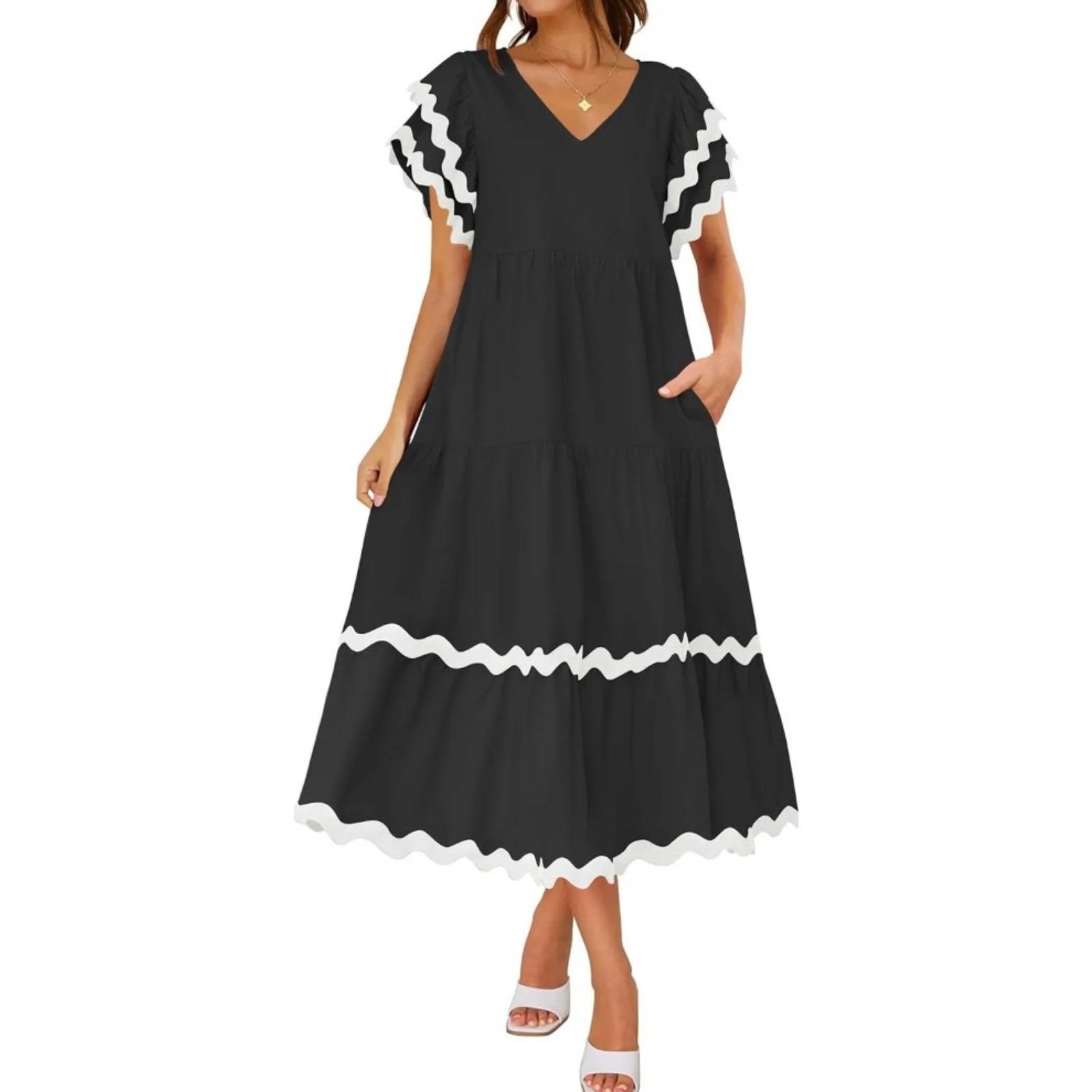 独立站2024年夏季新款亚马逊简约V字领感泡泡袖拼色A字裙女