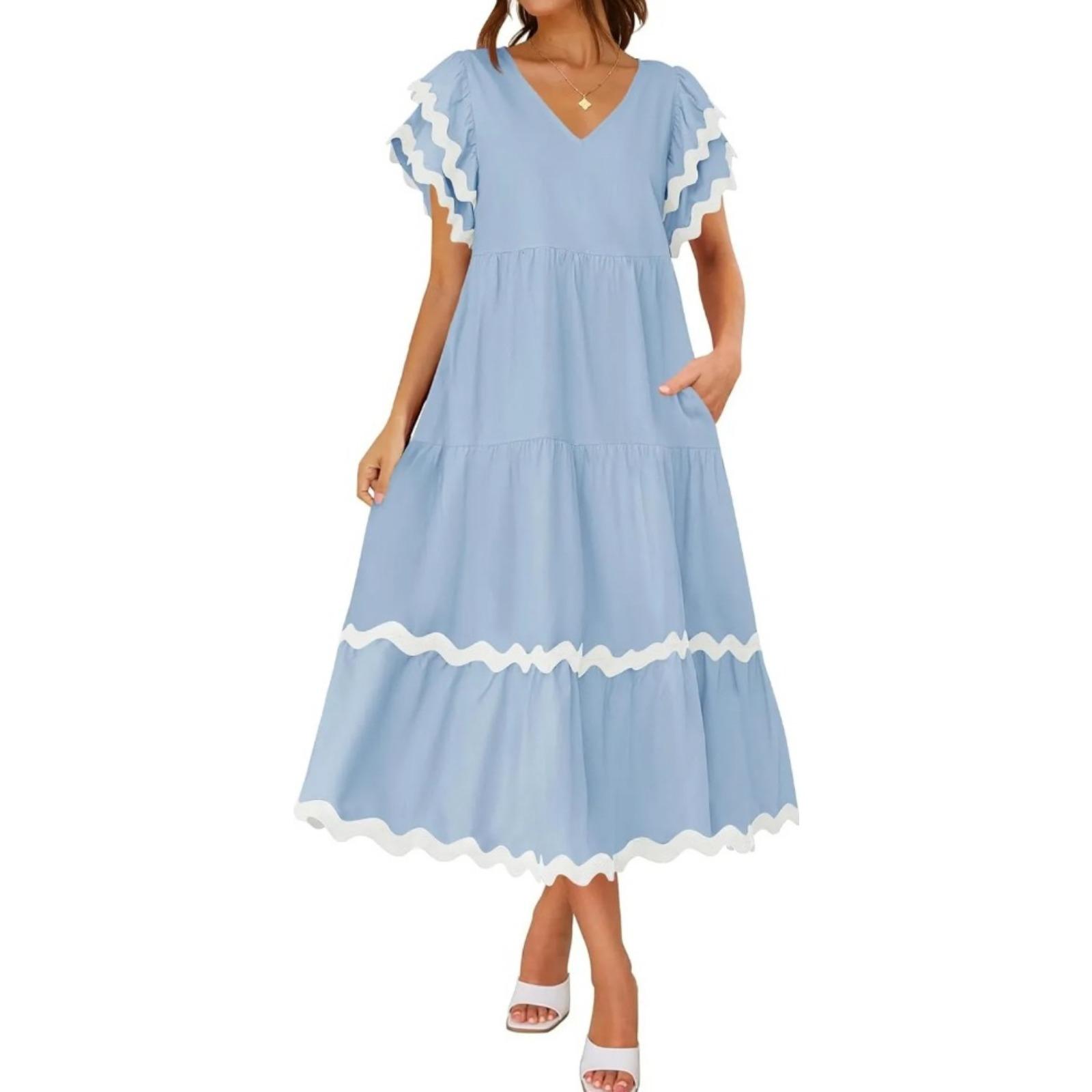 独立站2024年夏季新款亚马逊简约V字领感泡泡袖拼色A字裙女