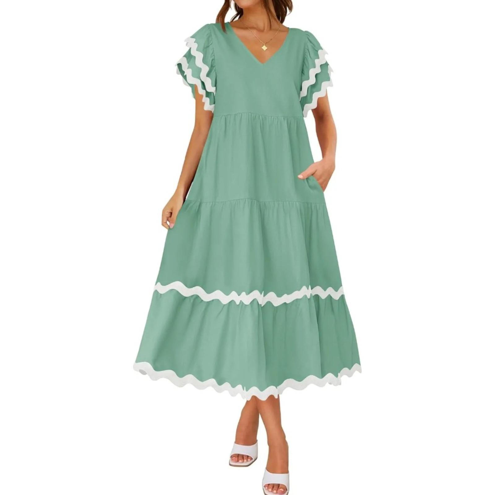 独立站2024年夏季新款亚马逊简约V字领感泡泡袖拼色A字裙女