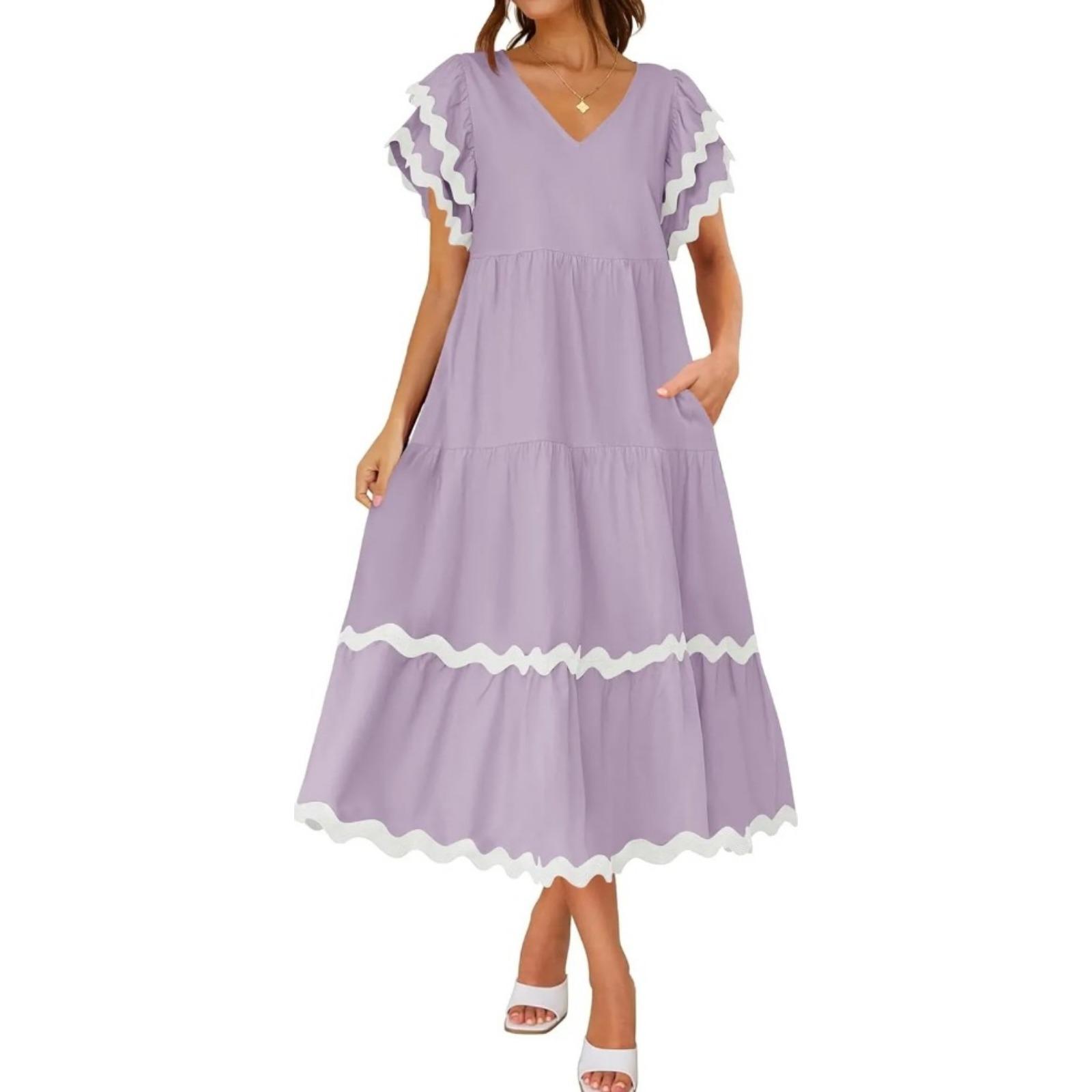 独立站2024年夏季新款亚马逊简约V字领感泡泡袖拼色A字裙女