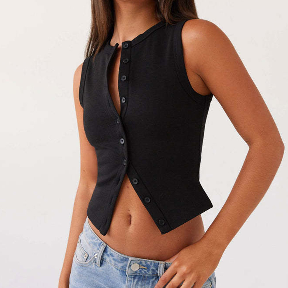 女扣背心背心罗纹夏季背心修身适合开放的前无袖作物衬衫