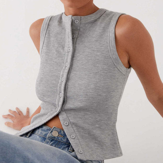 女扣背心背心罗纹夏季背心修身适合开放的前无袖作物衬衫