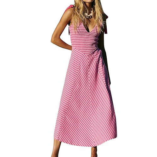 Women Casual Summer Dresses Smocked V Neck Beach Dress Striped Sleeveless Sundress Flowy Long Dress with Pockets