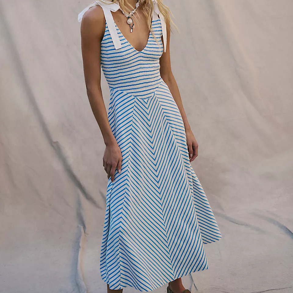 女士休闲夏季连衣裙连衣裙V领沙滩连衣裙条纹无袖背心裙飘逸长连衣裙与口袋