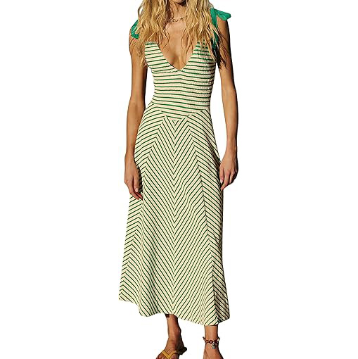 女士休闲夏季连衣裙连衣裙V领沙滩连衣裙条纹无袖背心裙飘逸长连衣裙与口袋