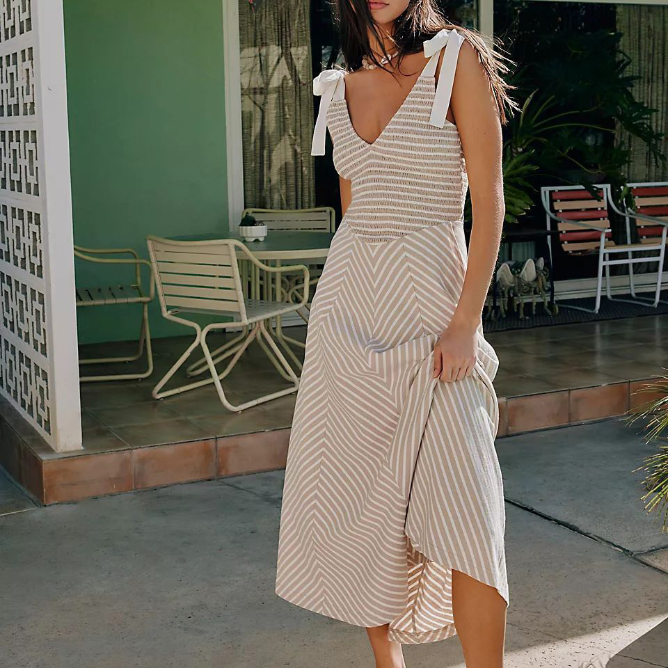 女士休闲夏季连衣裙连衣裙V领沙滩连衣裙条纹无袖背心裙飘逸长连衣裙与口袋
