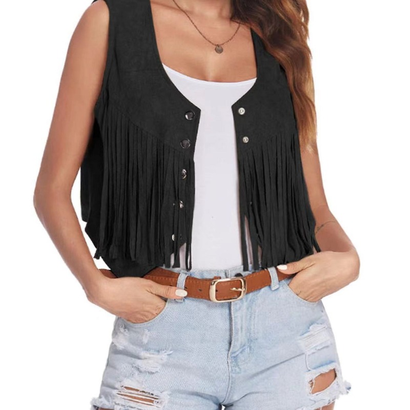 女士短款流苏马甲休闲舒适复古设计纽扣