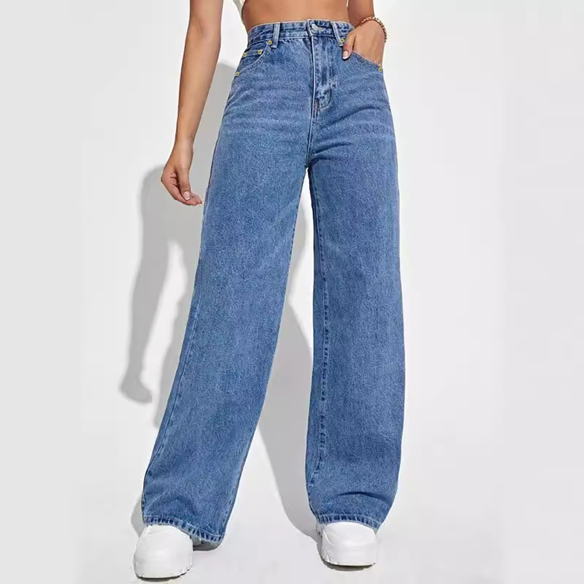 Women's High Waisted Wide Leg Loose Microelastic Boyfried Denim Pants