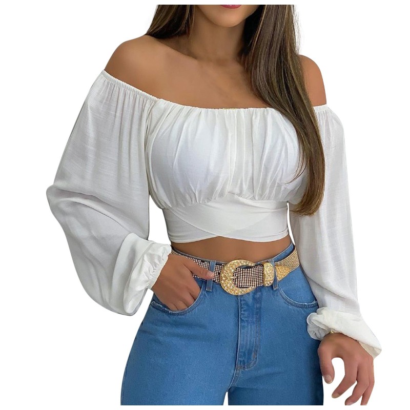 Women's Off-Shoulder Long Sleeve Top Crisscross Lace-Up Detail Blouse Designer Off-Shoulder Top Adjustable Lace-Up Detail with Flowy Bell Sleeves