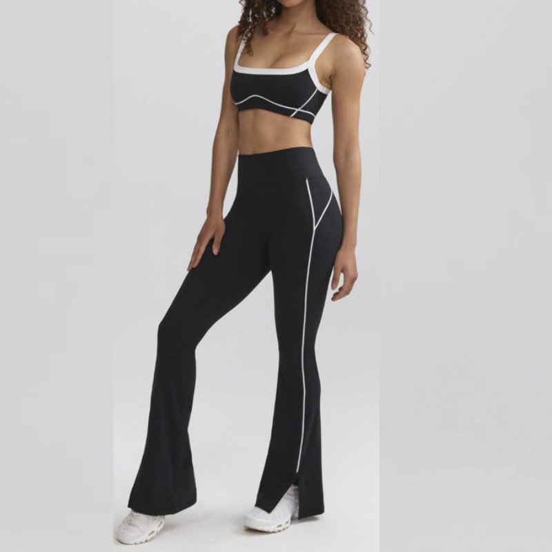 裸感高弹力运动撞色文胸吊带提臀健身喇叭长裤瑜伽运动套装