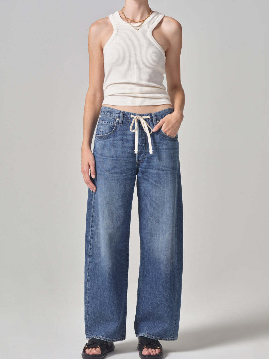 Women Wide Leg High Rise Jeans Boyfriend Drawstring Tie Waist Long Trouser Baggy Y2K Denim Pants