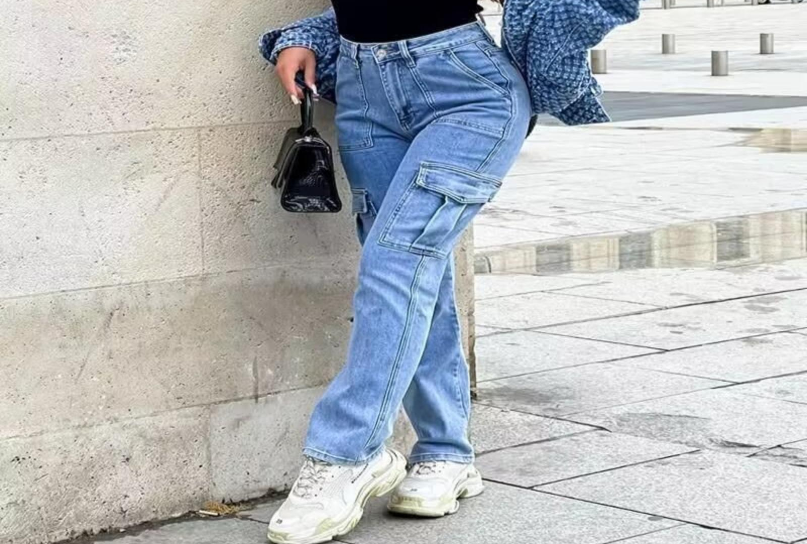 Women's High Waisted Utility Jeans with 6 Pockets - Stretch Denim Wide Leg Cargo Pants Relaxed Fit Casual Workwear Trousers