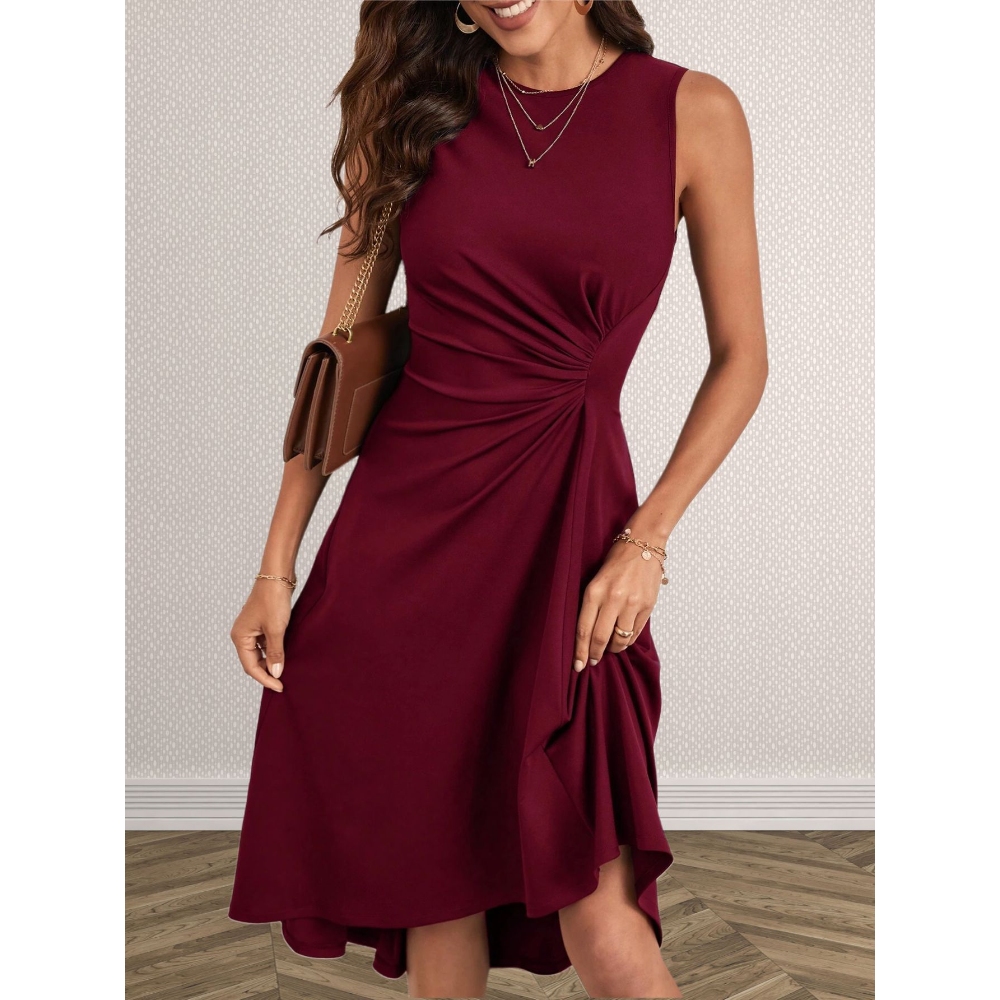 欧美2025新款外贸圆领套头时尚长袖修身开叉纯色跨境连衣裙女装