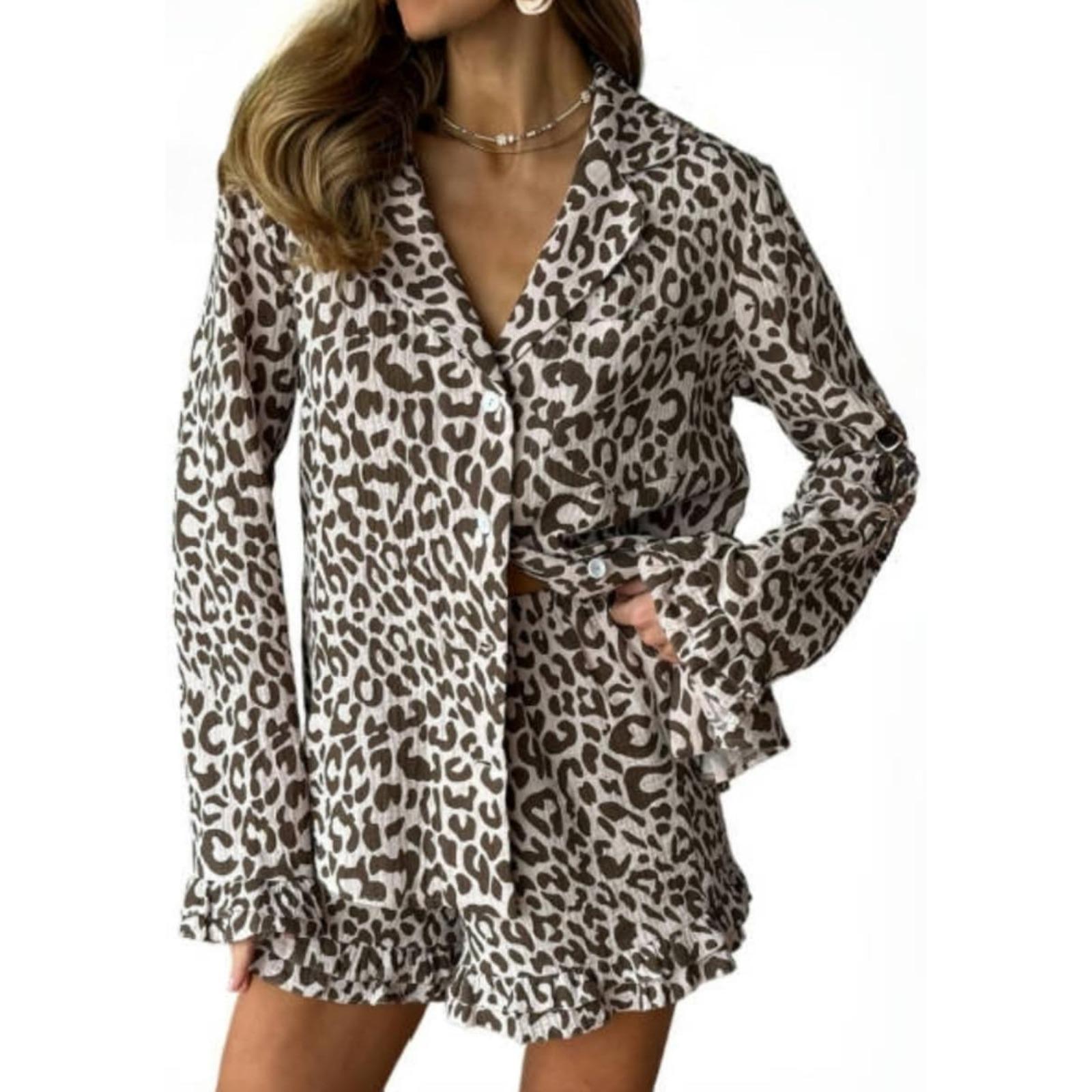 春夏新款粉色豹纹印花宽松长袖短裤欧美睡衣套装跨境家居服女