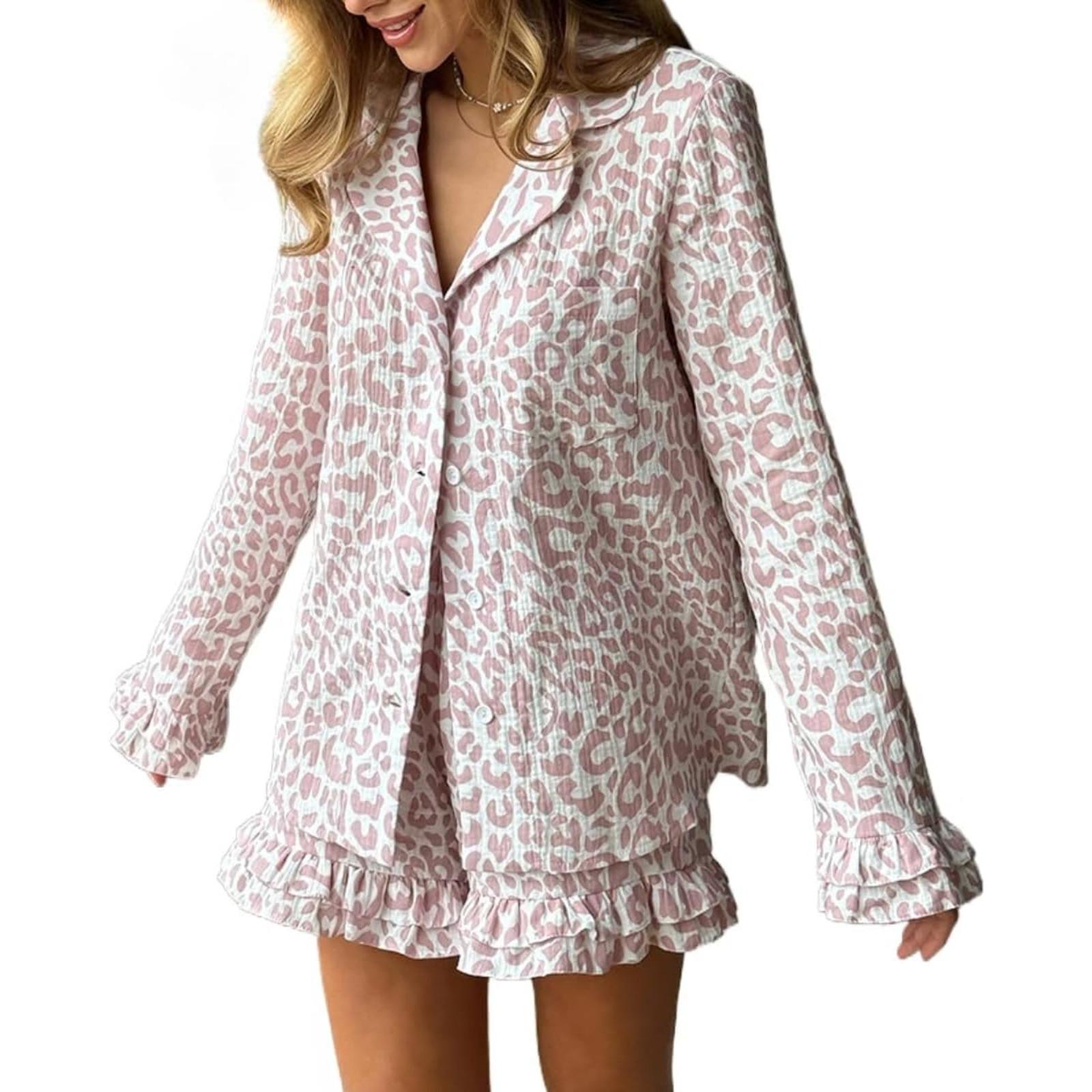 春夏新款粉色豹纹印花宽松长袖短裤欧美睡衣套装跨境家居服女