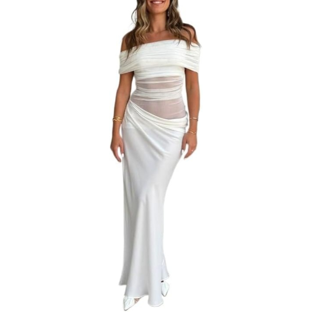 Women Layered Mesh Off Shoulder Bodycon Maxi Dress Sexy Transparent Hollow Out Ruched Elegant Long Dresses Formal Wedding Guest Dresses for Party