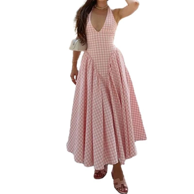 女子格纹后衫及地长裙性感V领优雅飘逸的摆动长裙