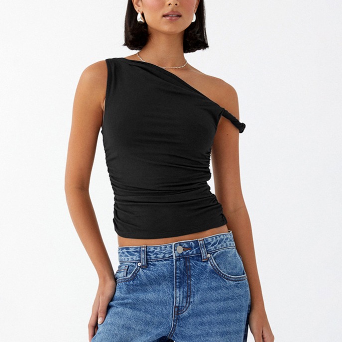 Y24TP145欧美女装夏季新款纯色单肩斜领褶皱不对称性感修身上衣女