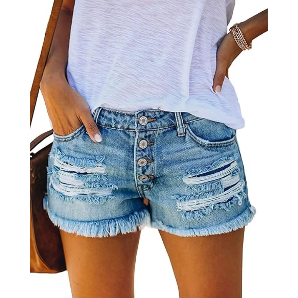 Women's Ripped Denim Jean Shorts Mid Rise Summer Hot Raw Hem Casual Shorts