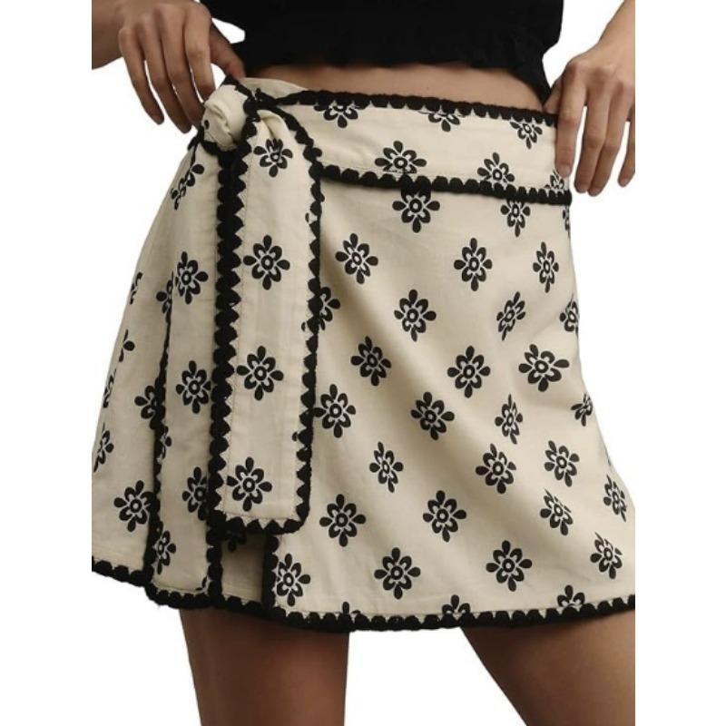 女士裹身短裙2025休闲夏季飘逸迷你裙打结边松紧腰身体印花裙带