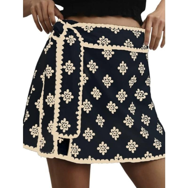 女士裹身短裙2025休闲夏季飘逸迷你裙打结边松紧腰身体印花裙带