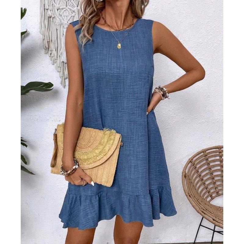 休闲短夏季连衣裙2025年的女性无袖圆领可爱褶边宽松度假迷你t恤连衣裙