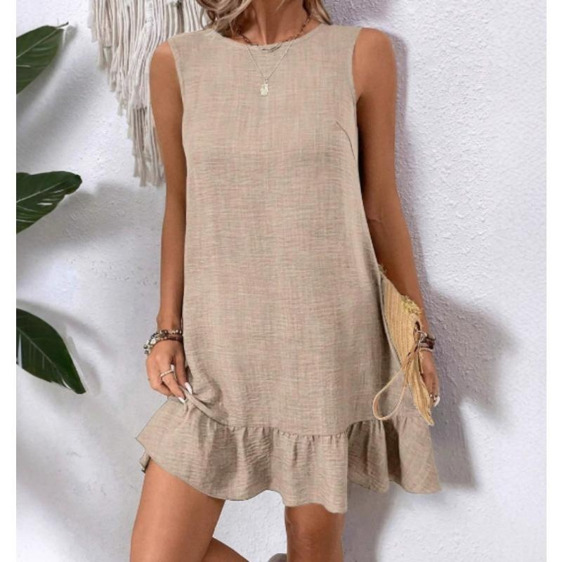 休闲短夏季连衣裙2025年的女性无袖圆领可爱褶边宽松度假迷你t恤连衣裙