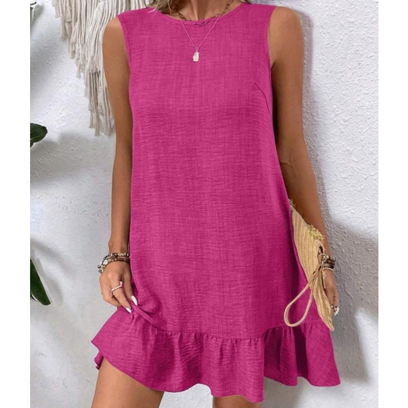 休闲短夏季连衣裙2025年的女性无袖圆领可爱褶边宽松度假迷你t恤连衣裙