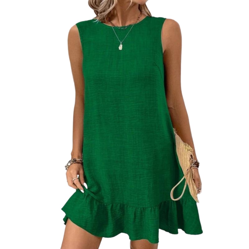 休闲短夏季连衣裙2025年的女性无袖圆领可爱褶边宽松度假迷你t恤连衣裙