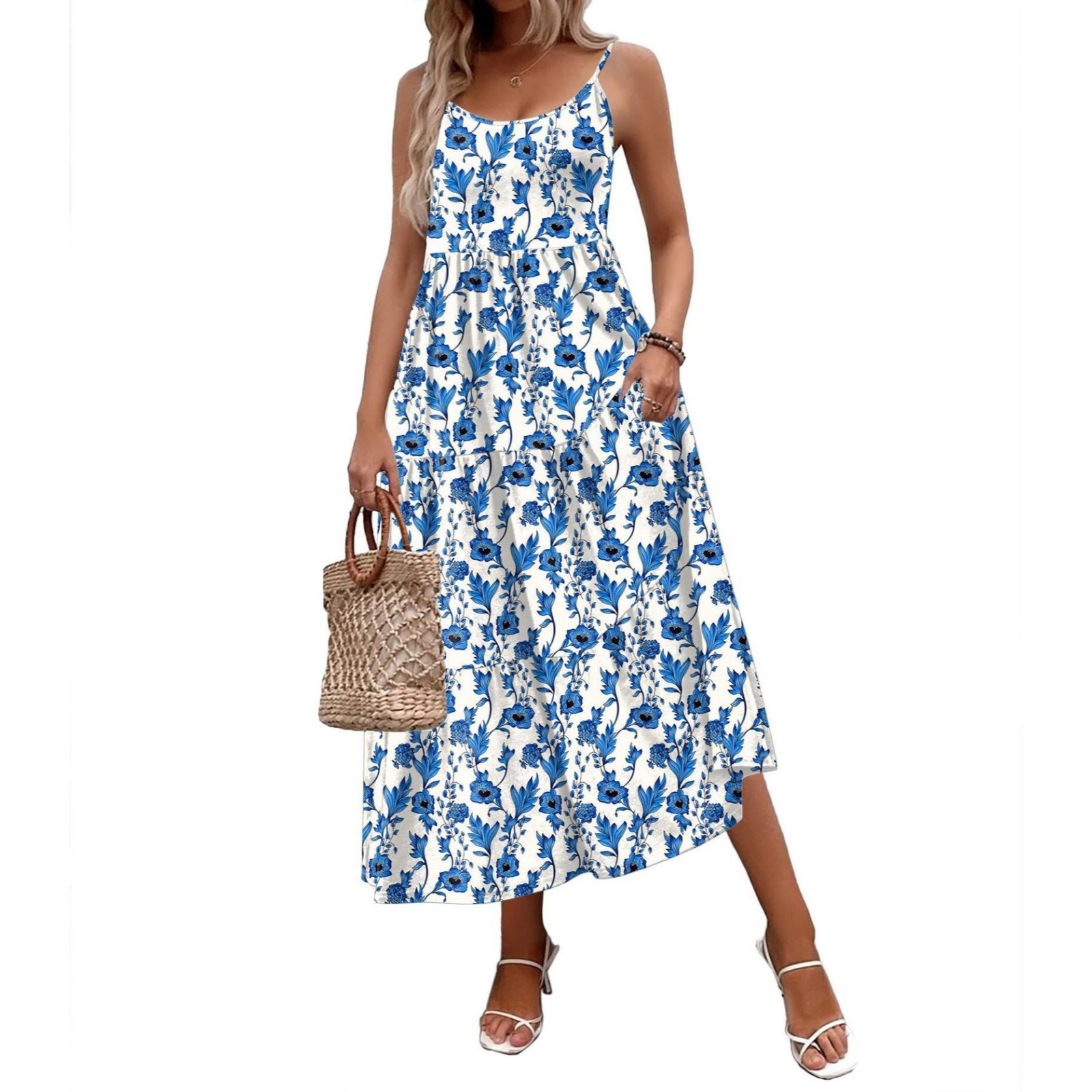Women's Summer Floral Print Spaghetti Strap Maxi Dress Lightweight Flowy Beach Cover-Up Casual Boho Sundress with Slit