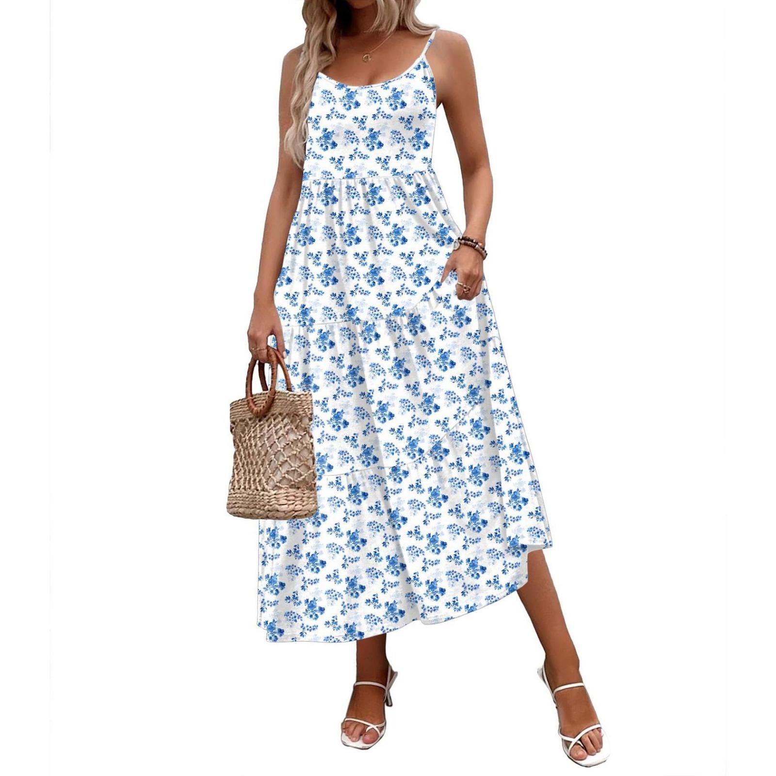 Women's Summer Floral Print Spaghetti Strap Maxi Dress Lightweight Flowy Beach Cover-Up Casual Boho Sundress with Slit