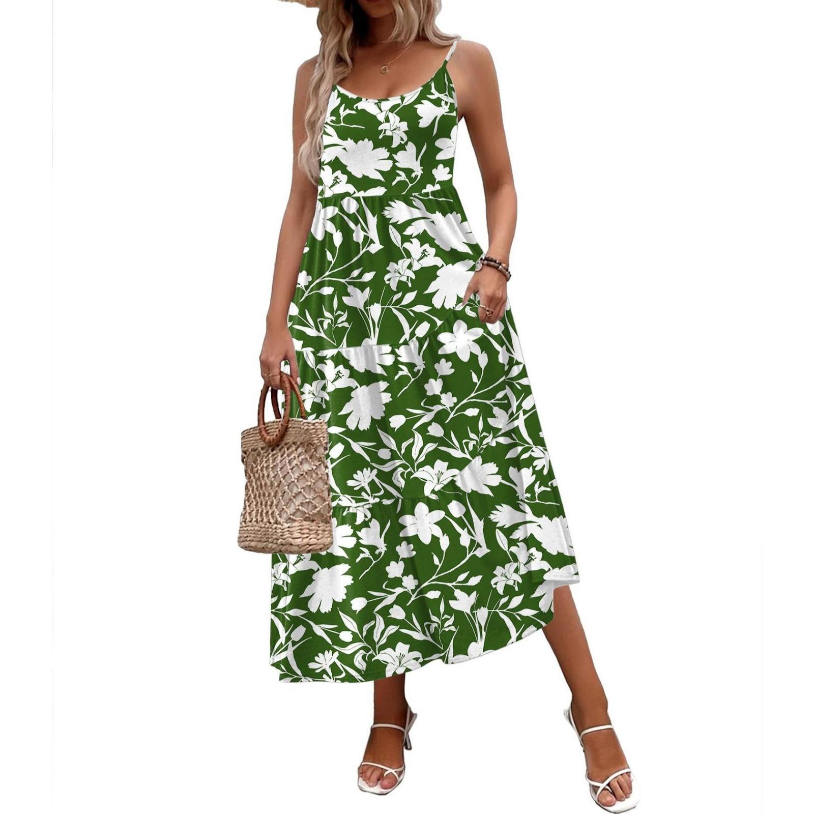 欧美跨境2025TK女式夏季长裙细肩带印花休闲连衣裙飘逸背心裙