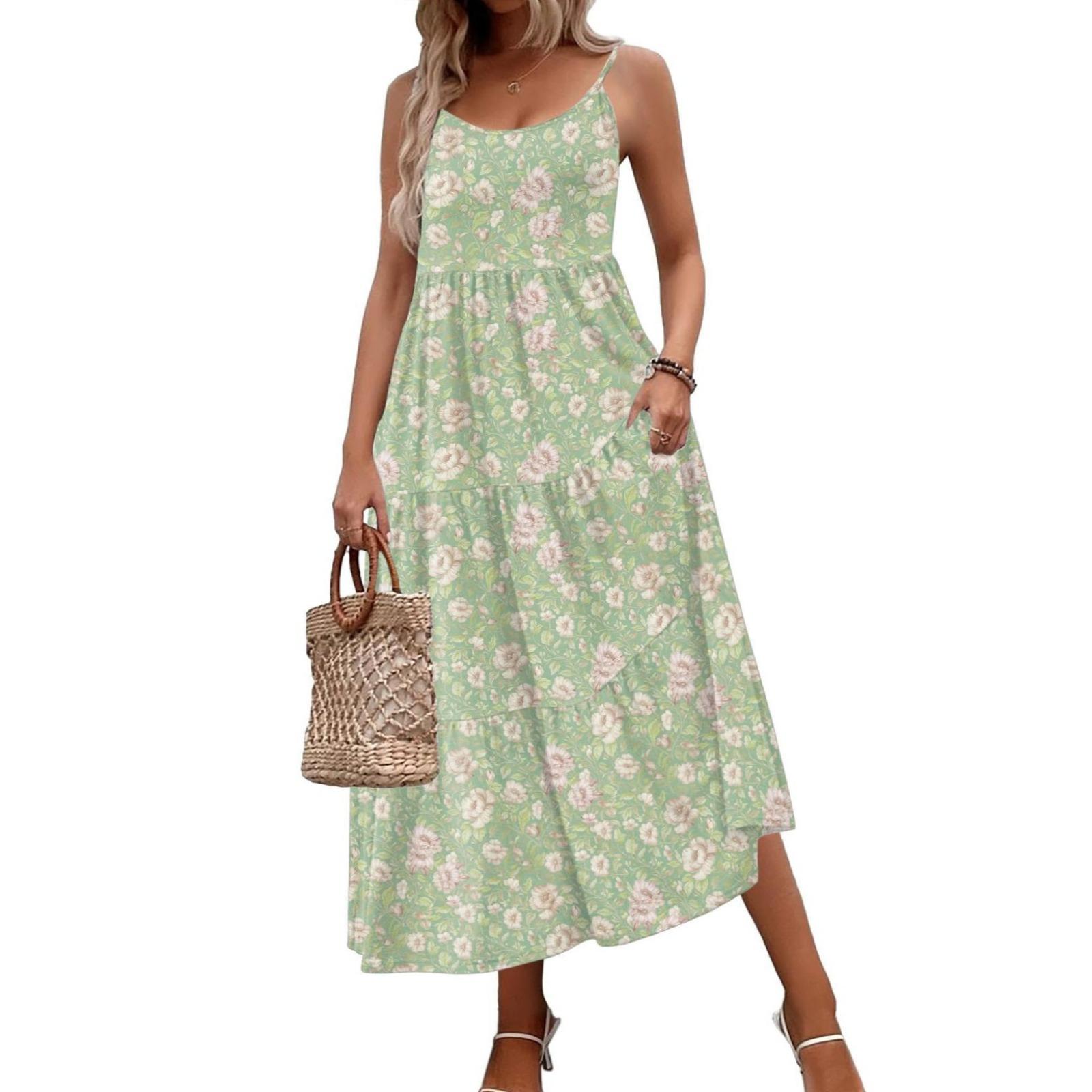 欧美跨境2025TK女式夏季长裙细肩带印花休闲连衣裙飘逸背心裙