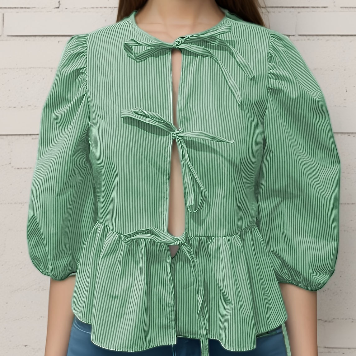 女式前系带上衣豹纹印花荷叶边娃娃装上衣 3/4 长度泡泡袖