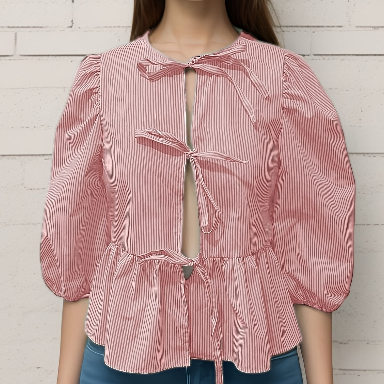 女式前系带上衣豹纹印花荷叶边娃娃装上衣 3/4 长度泡泡袖