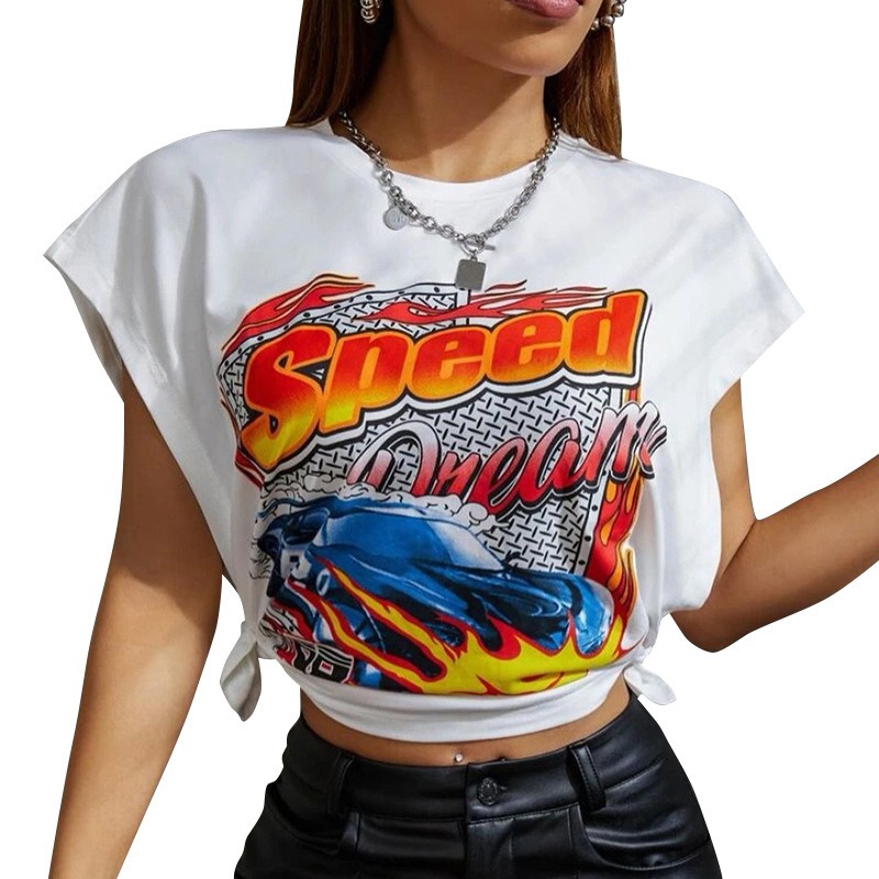 女装印花圆领无袖开叉休闲短款上衣