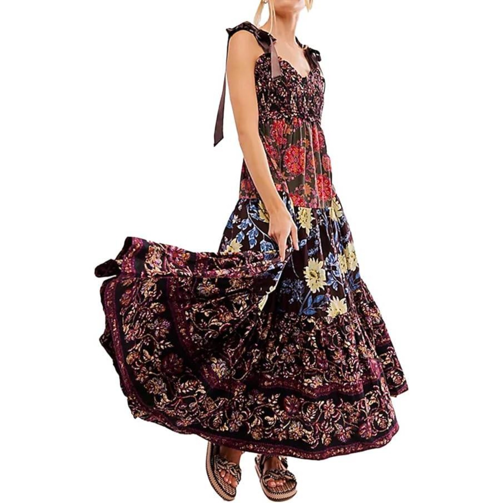 Women's Retro Floral Smocked Backless Maxi Dress Adjustable Straps Bohemian Tiered Sundress with Pockets Polyester Summer Beach Dress