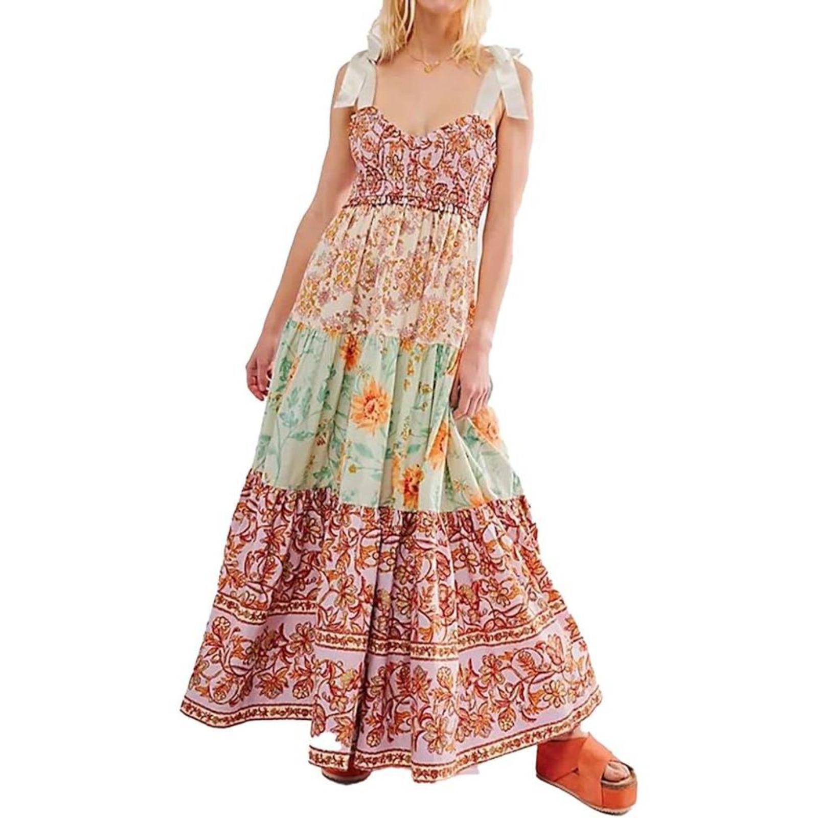 夏季新款抹胸露背吊带裙复古印花长裙子跨境外贸亚马逊款爆女
