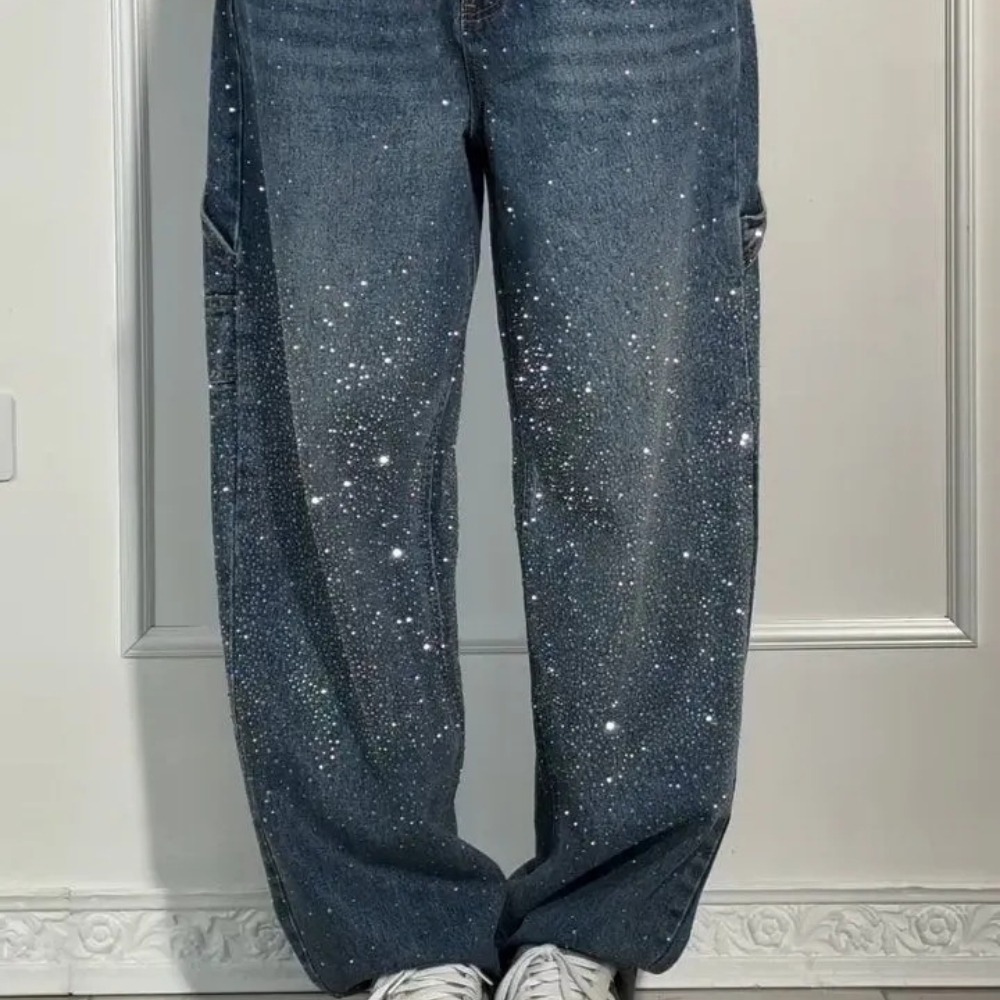 Women's Rhinestone Jeans Sparkle Embellished Denim Pants Straight-Leg Casual Jeans Fashion Streetwear Trendy Everyday Pants
