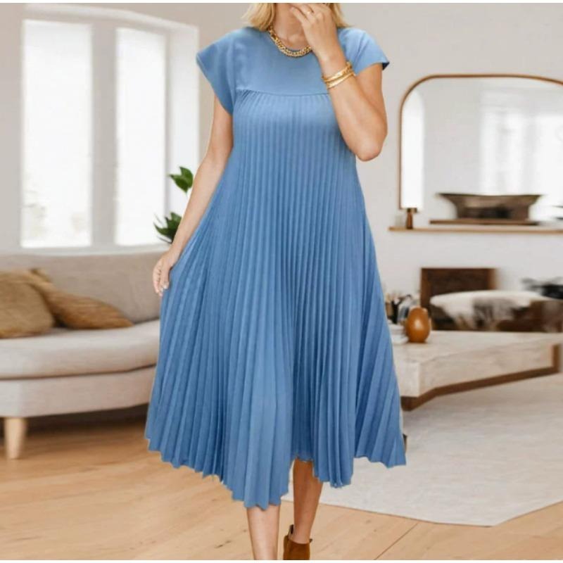女性夏季褶皱及地长裙休闲短袖圆领飘逸摆动长连衣裙与口袋