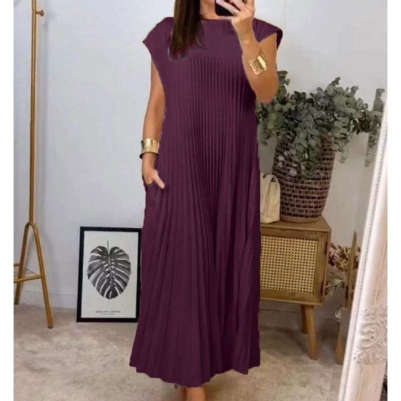Women Summer Pleated Maxi Dress Casual Short Sleeve Crewneck Flowy Swing Long Dress with Pockets
