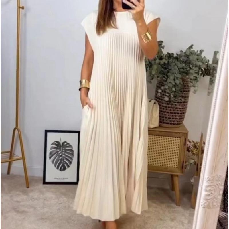女性夏季褶皱及地长裙休闲短袖圆领飘逸摆动长连衣裙与口袋