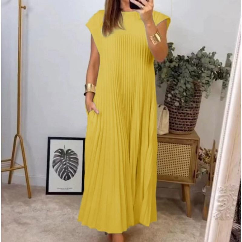 女性夏季褶皱及地长裙休闲短袖圆领飘逸摆动长连衣裙与口袋