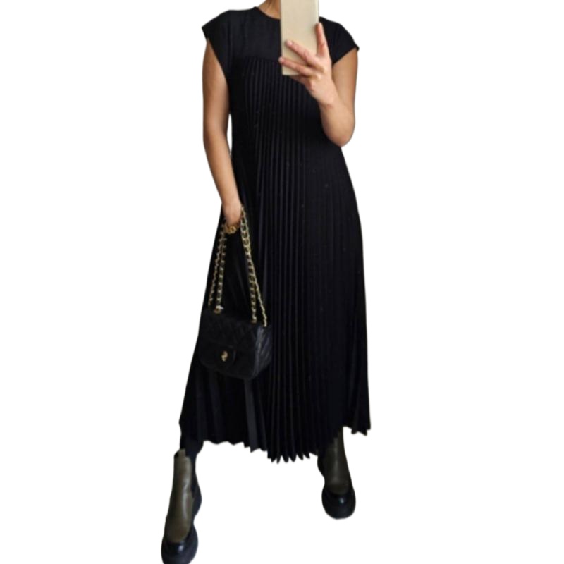 女性夏季褶皱及地长裙休闲短袖圆领飘逸摆动长连衣裙与口袋