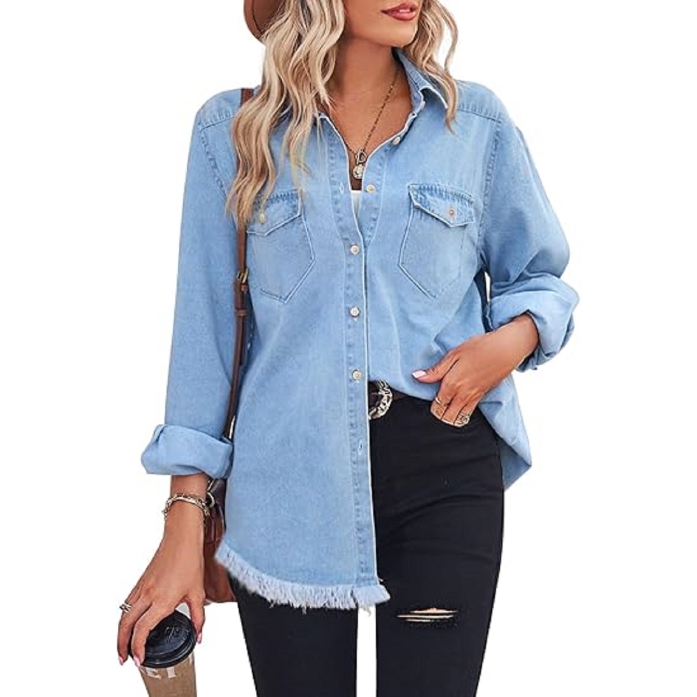 Women Denim Shirt Chambray Collared Jean Shirts Long Sleeve Pocket Button Down Blouses