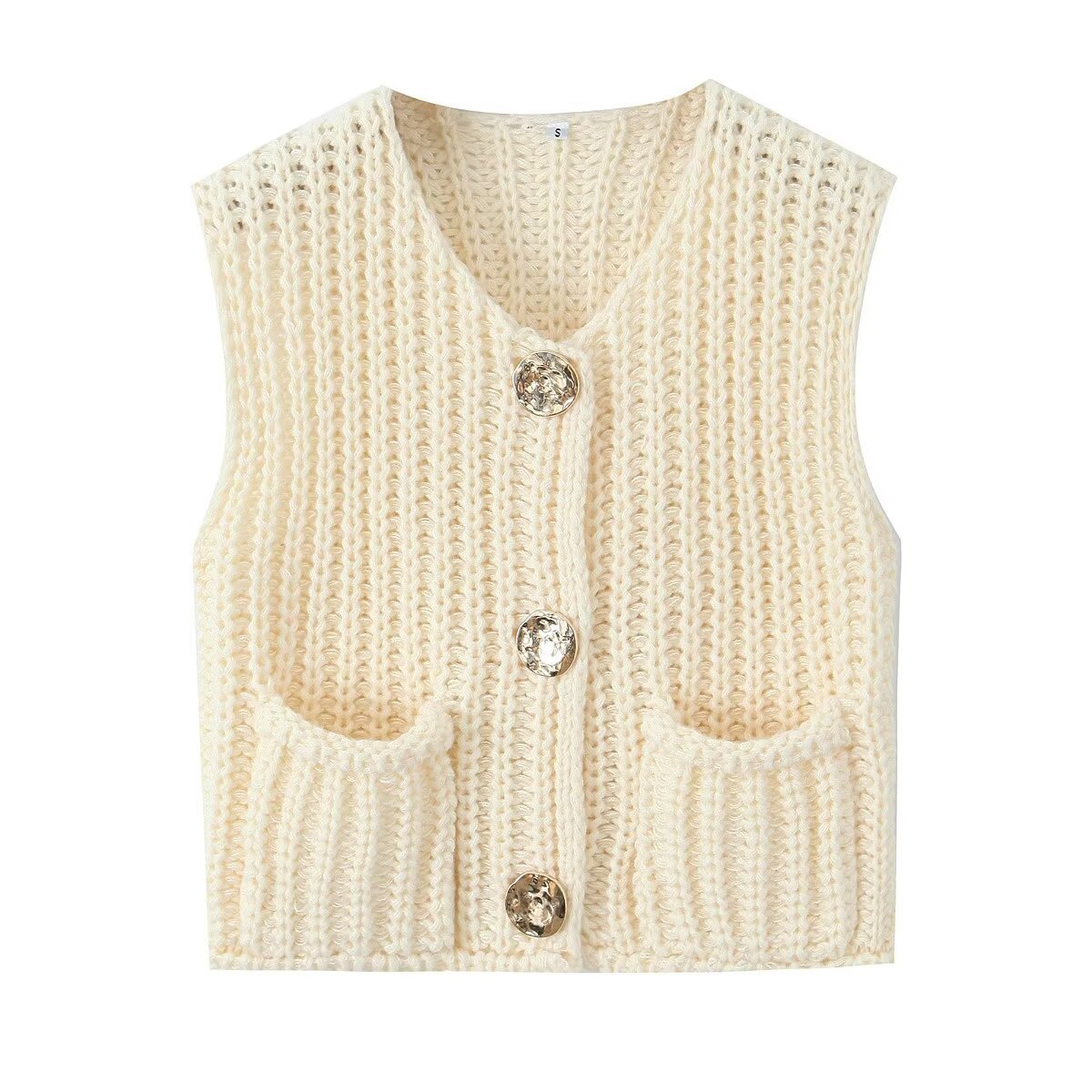 Womens Crochet Chunky Knit Top Sleeveless Button Down Crop Tops Trendy Cardigan Sweater Vest for Women with Pockets