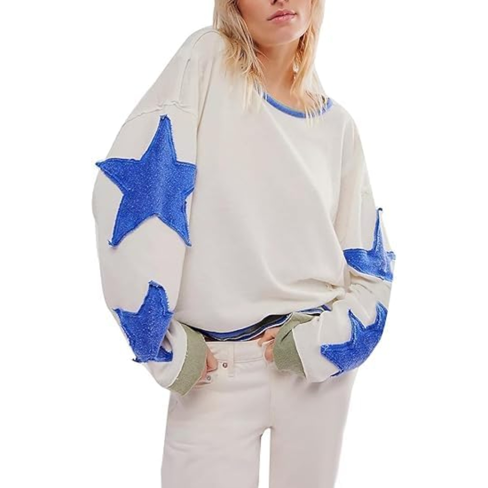 Women Oversized Star Graphic Sweatshirts Y2K Crewneck Long Sleeve Drop Shoulder Shirt Vintage Sweater Pullover Top